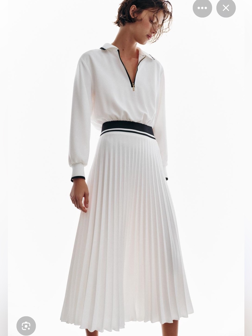 Zara White Pleated Maxi Dress with Black Contrast Waistband